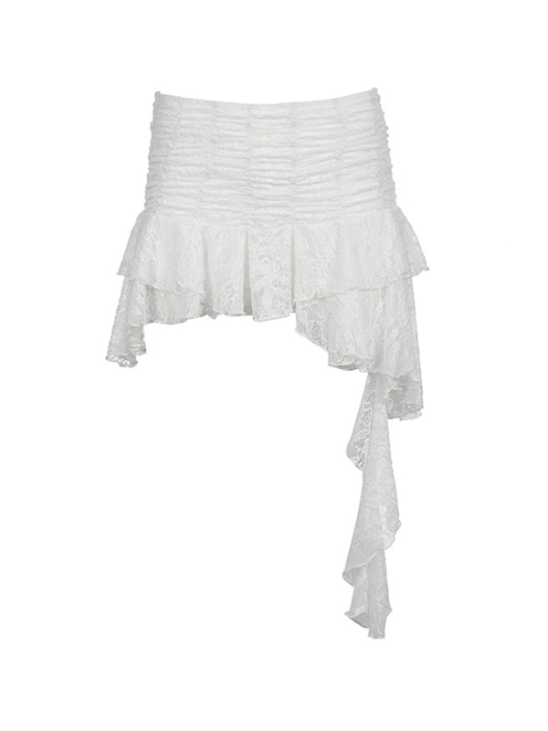 Blue Zone Planet | Smocked lace irregular skirt ruffled ribbon solid color low waist hot girl skirt BLUE ZONE PLANET
