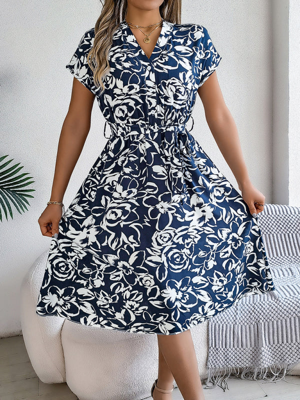 v neck button down midi dress Casual Short Sleeve V Neck Button Down Midi Dress With Pockets