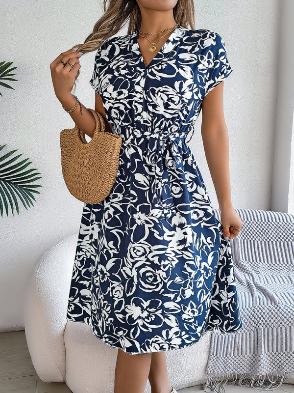 Blue Zone Planet | Bella's V-neck button-down bat-sleeve floral midi dress BLUE ZONE PLANET