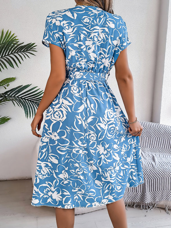 Blue Zone Planet | Bella's V-neck button-down bat-sleeve floral midi dress BLUE ZONE PLANET