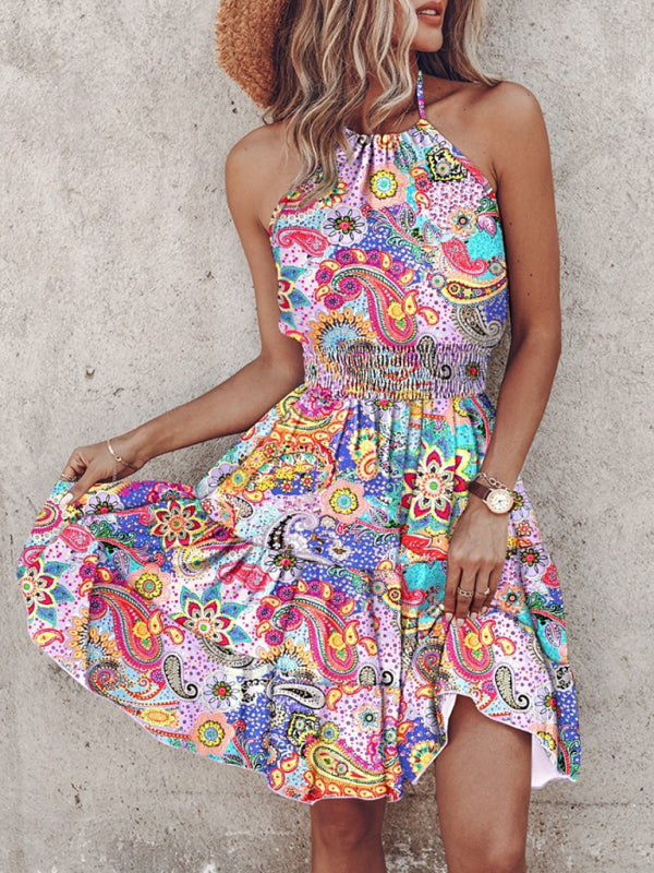 Blue Zone Planet | Azura's Bohemian tiered off-shoulder halter neck mini dress BLUE ZONE PLANET
