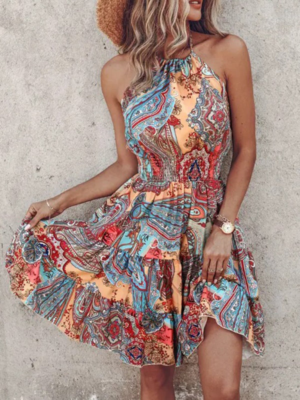 Blue Zone Planet | Azura's Bohemian tiered off-shoulder halter neck mini dress BLUE ZONE PLANET