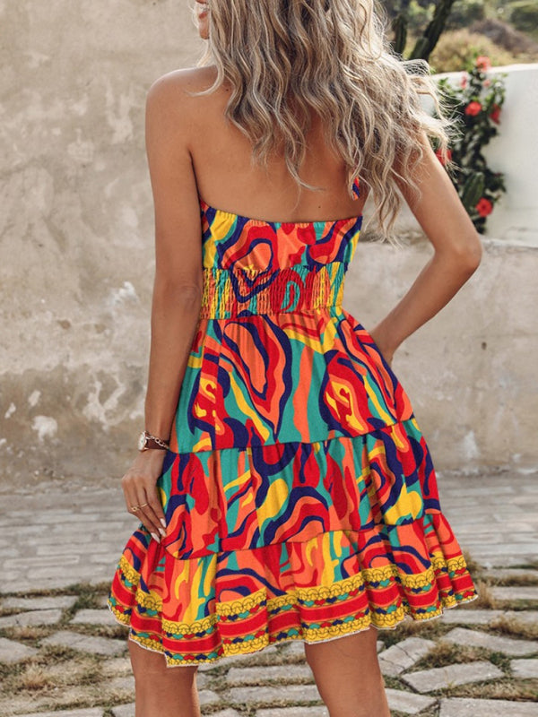 Blue Zone Planet | Azura's Bohemian tiered off-shoulder halter neck mini dress BLUE ZONE PLANET