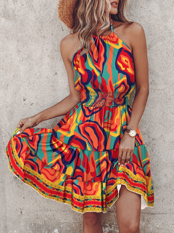 Blue Zone Planet | Azura's Bohemian tiered off-shoulder halter neck mini dress BLUE ZONE PLANET