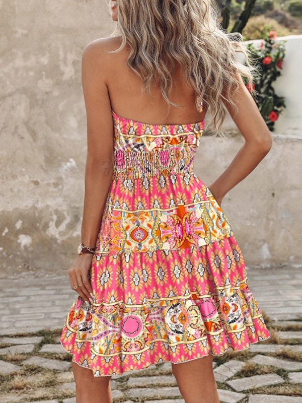 Blue Zone Planet | Azura's Bohemian tiered off-shoulder halter neck mini dress BLUE ZONE PLANET