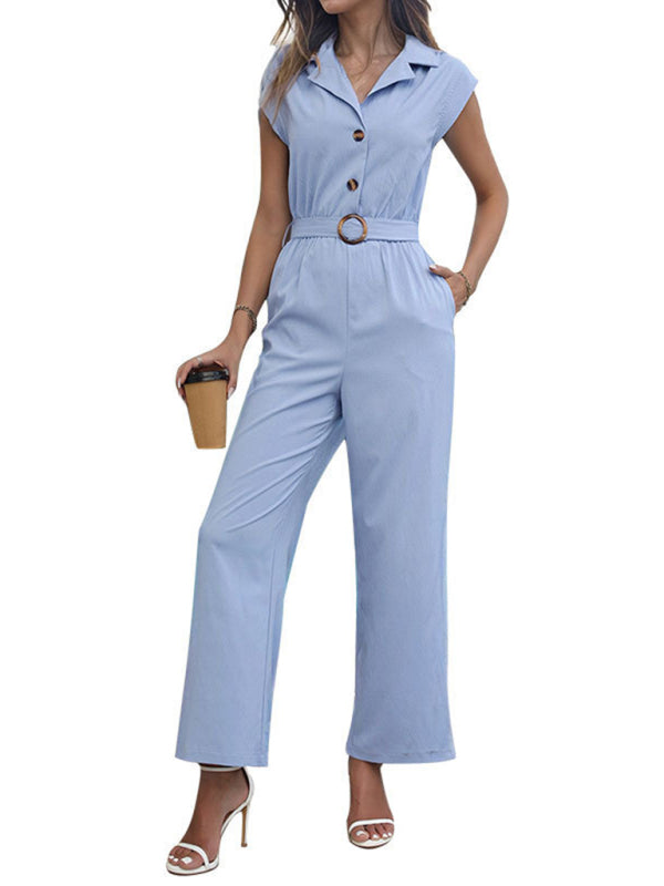 Blue Zone Planet | Lapel Commuting Style Solid Color Straight Jumpsuit BLUE ZONE PLANET