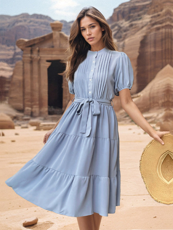 Blue Zone Planet | Stand Collar Pleated Short Sleeve Commuting Lace Up Midi Dress BLUE ZONE PLANET