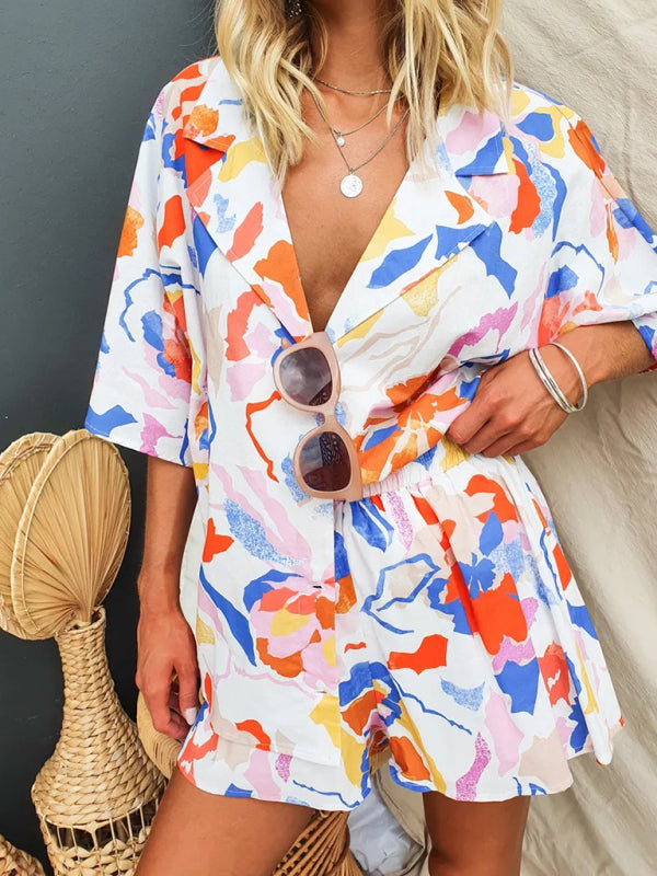 Blue Zone Planet | Lapel Multi-Color Loose Vacation Elastic Waist Shorts Short Sleeve Suit BLUE ZONE PLANET