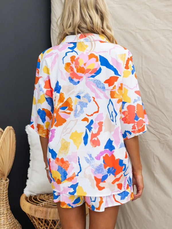 Blue Zone Planet | Lapel Multi-Color Loose Vacation Elastic Waist Shorts Short Sleeve Suit BLUE ZONE PLANET