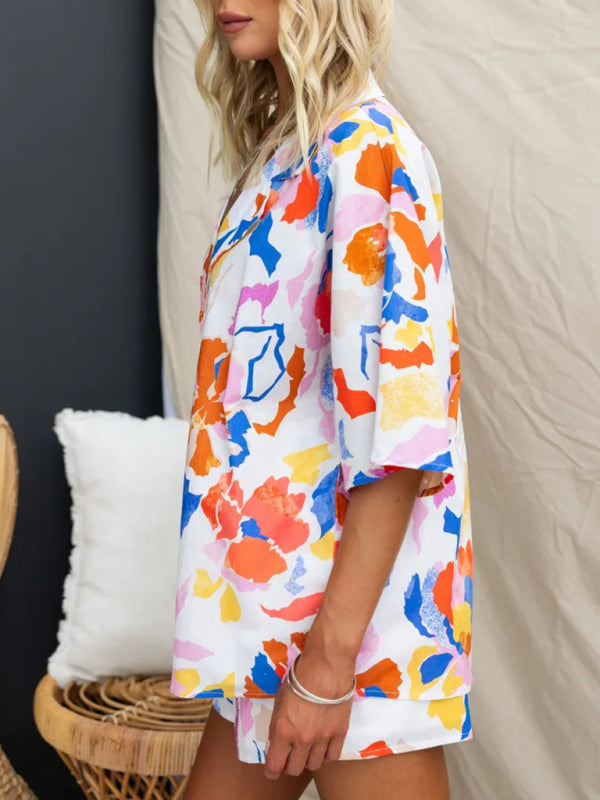 Blue Zone Planet | Lapel Multi-Color Loose Vacation Elastic Waist Shorts Short Sleeve Suit BLUE ZONE PLANET