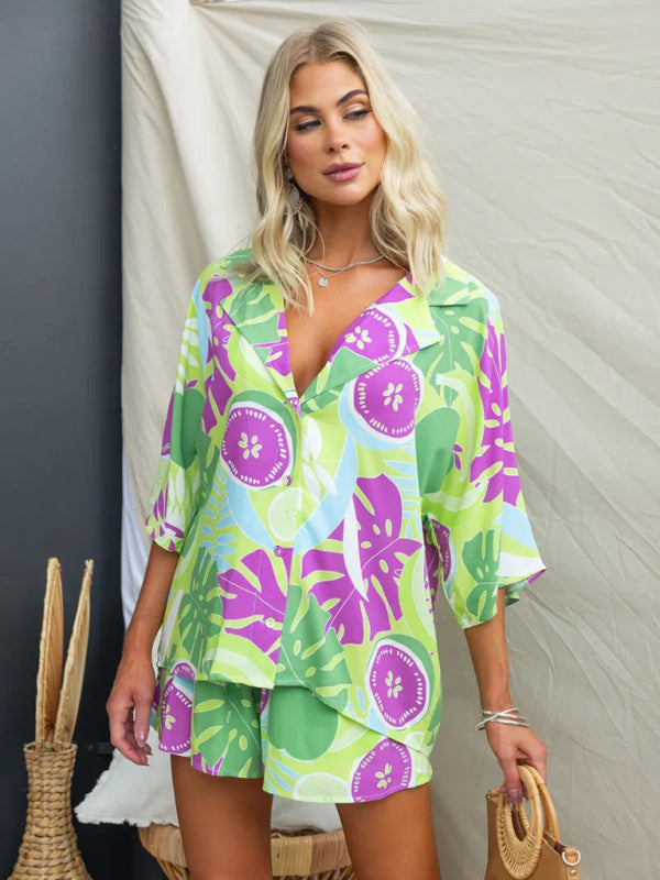 Blue Zone Planet | Lapel Multi-Color Loose Vacation Elastic Waist Shorts Short Sleeve Suit BLUE ZONE PLANET