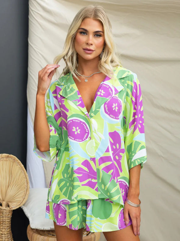 Blue Zone Planet | Lapel Multi-Color Loose Vacation Elastic Waist Shorts Short Sleeve Suit BLUE ZONE PLANET