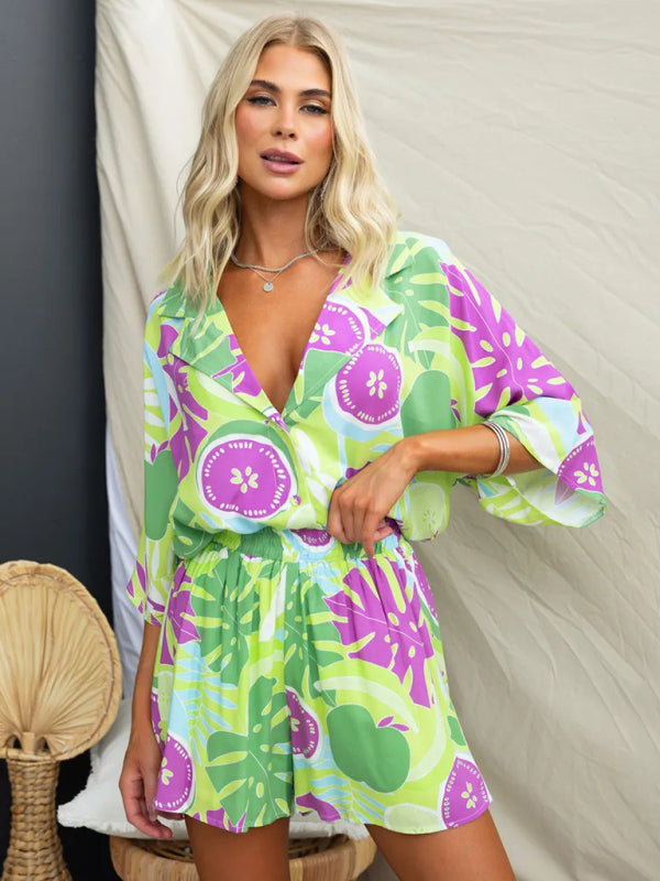 Blue Zone Planet | Lapel Multi-Color Loose Vacation Elastic Waist Shorts Short Sleeve Suit BLUE ZONE PLANET