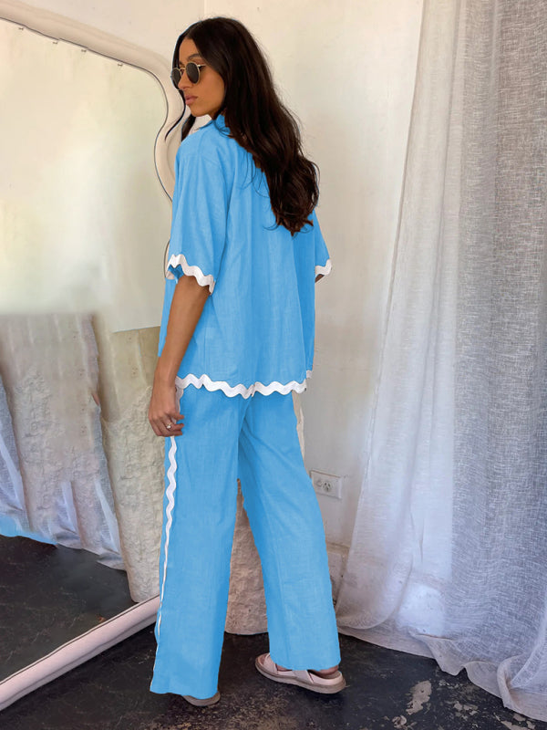 Blue Zone Planet | style comfortable and single-breasted lace splicing trousers and shirt suit BLUE ZONE PLANET
