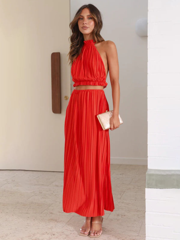 Blue Zone Planet | hot girl halter neck backless strappy pleated long skirt suit BLUE ZONE PLANET