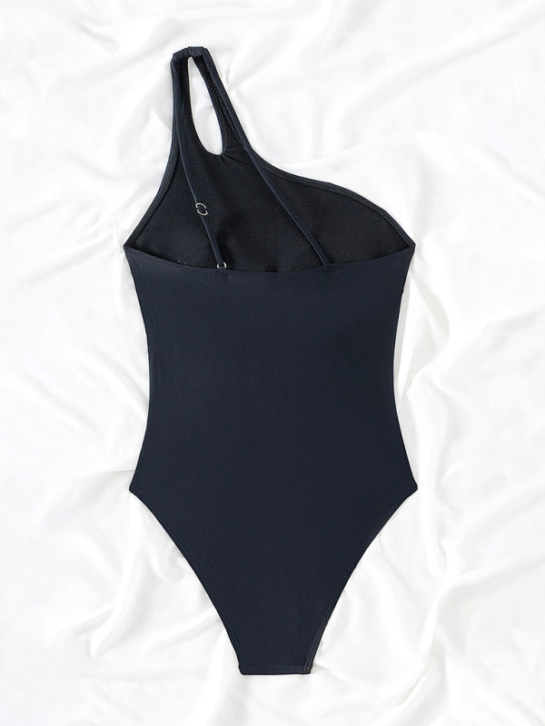 Blue Zone Planet | one-piece swimsuit slanted shoulder hollow conservative leopard print one-piece swimsuit BLUE ZONE PLANET
