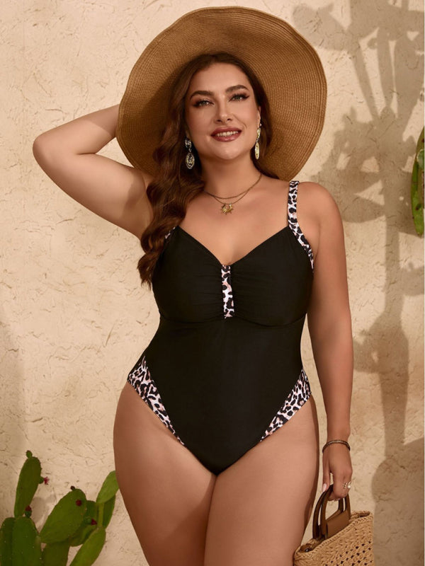 Blue Zone Planet | plus size pure black leopard print one-piece slim bikini swimsuit BLUE ZONE PLANET