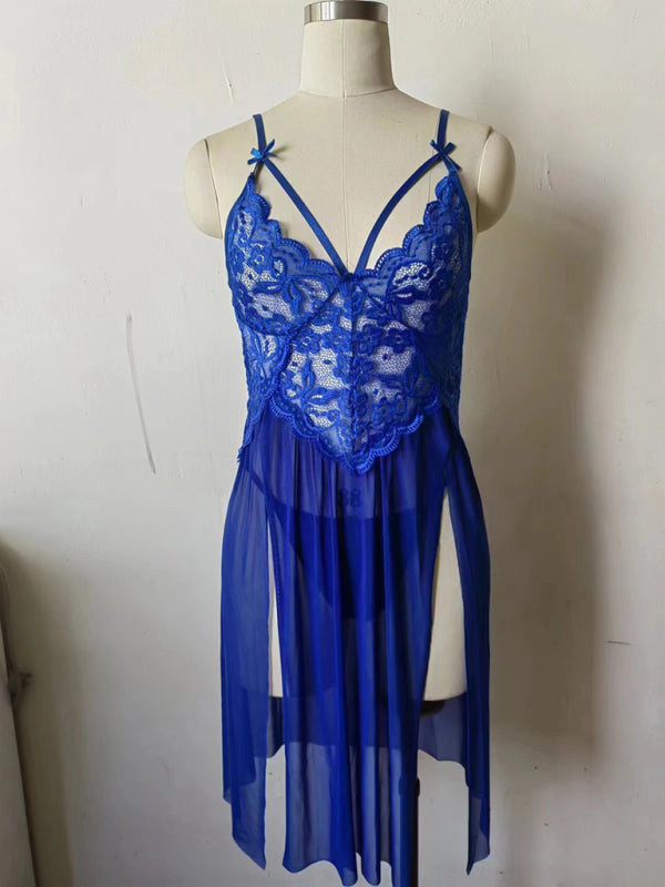 Blue Zone Planet | mesh see-through lace embroidered spaghetti strap nightgown slit long skirt suit BLUE ZONE PLANET
