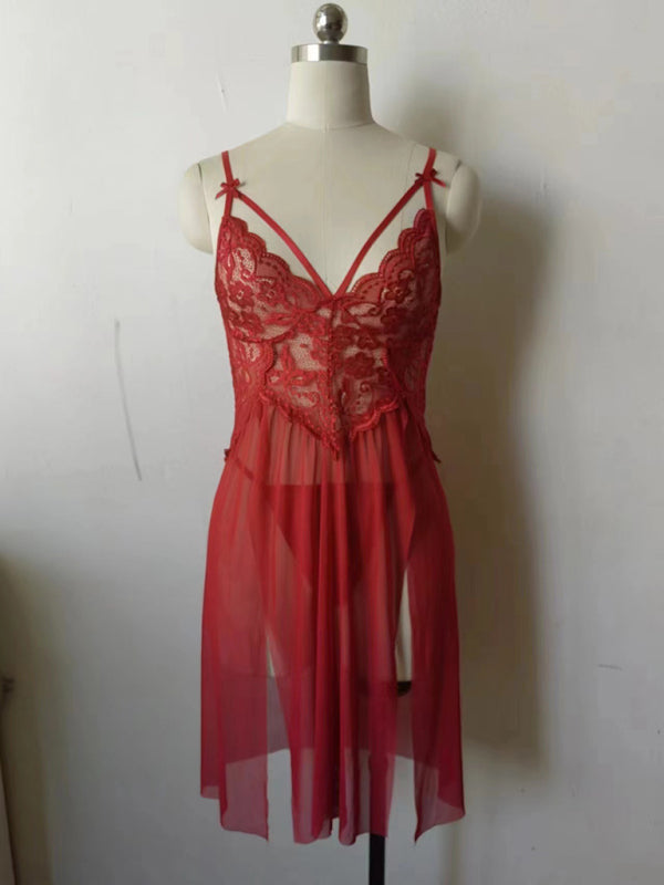 Blue Zone Planet | mesh see-through lace embroidered spaghetti strap nightgown slit long skirt suit BLUE ZONE PLANET