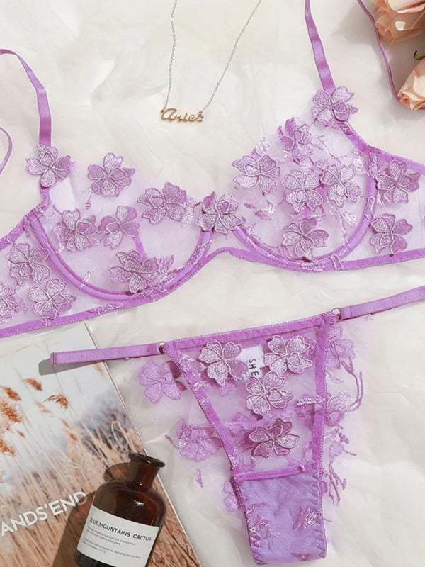 Blue Zone Planet | and sweet mesh embroidered flower appliqué bra set BLUE ZONE PLANET