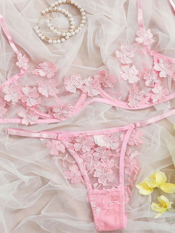 Blue Zone Planet | and sweet mesh embroidered flower appliqué bra set BLUE ZONE PLANET