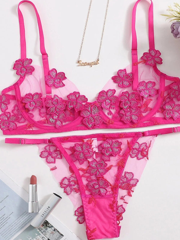 Blue Zone Planet | and sweet mesh embroidered flower appliqué bra set BLUE ZONE PLANET