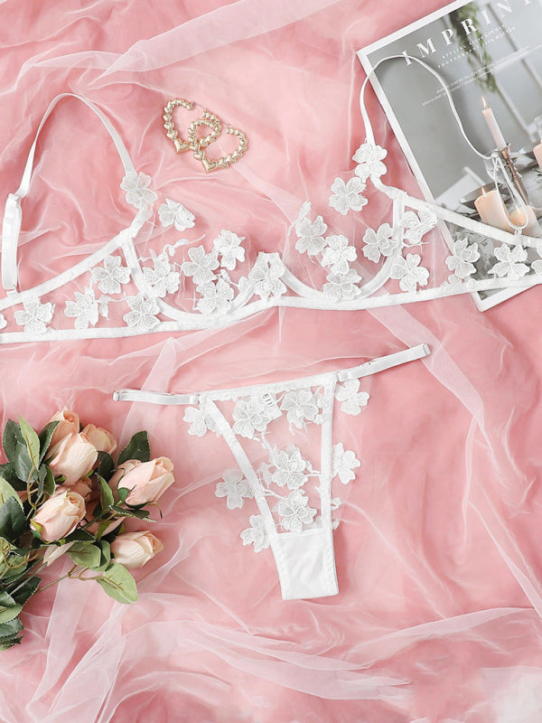 Blue Zone Planet | and sweet mesh embroidered flower appliqué bra set BLUE ZONE PLANET