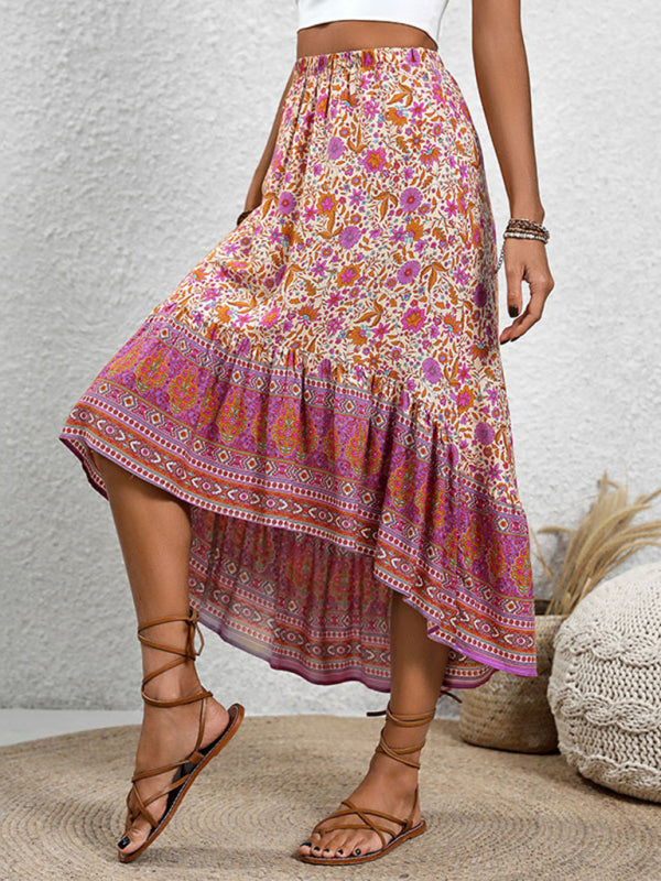 Blue Zone Planet | New casual women's bohemian skirt positioning printed floral skirt BLUE ZONE PLANET
