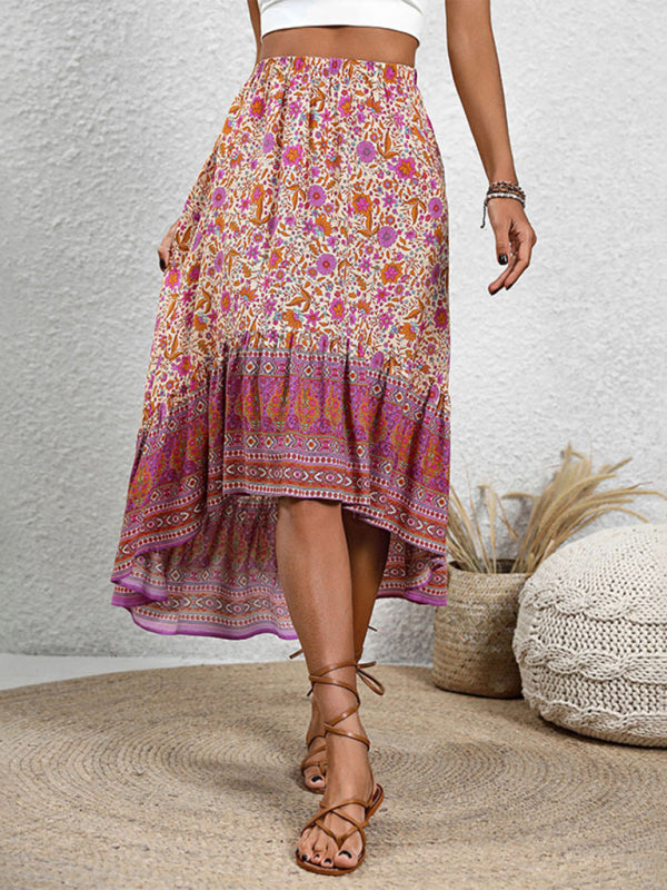 Blue Zone Planet | New casual women's bohemian skirt positioning printed floral skirt BLUE ZONE PLANET