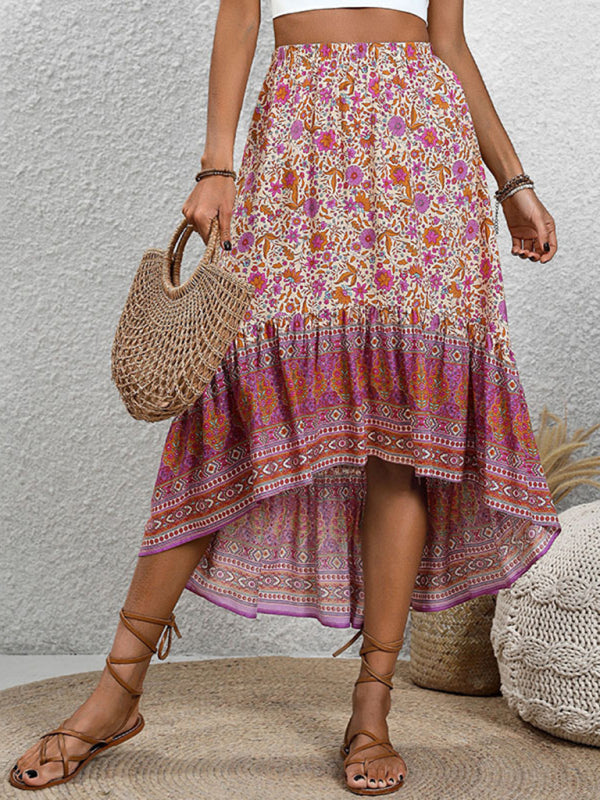 Blue Zone Planet | New casual women's bohemian skirt positioning printed floral skirt BLUE ZONE PLANET