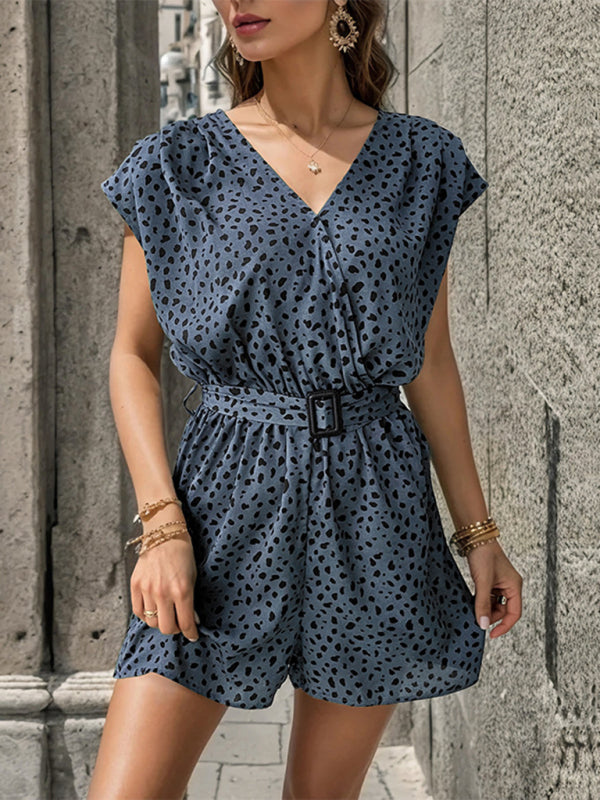 Blue Zone Planet | New leopard print jumpsuit v-neck commuter shorts jumpsuit BLUE ZONE PLANET