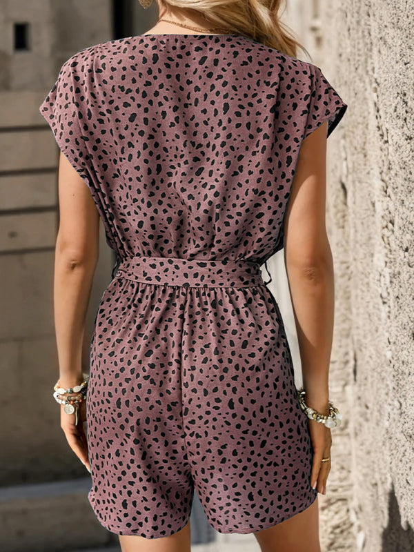 Blue Zone Planet | New leopard print jumpsuit v-neck commuter shorts jumpsuit BLUE ZONE PLANET
