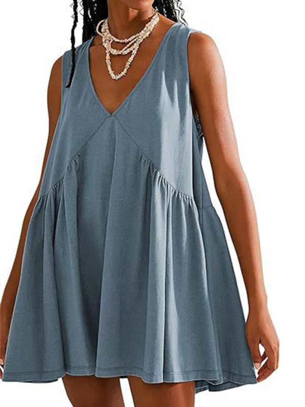 Blue Zone Planet | spaghetti strap skirt V-neck sleeveless pleated vest pocket dress BLUE ZONE PLANET
