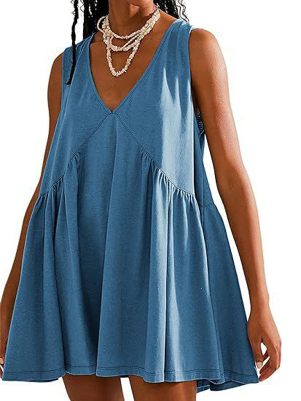 Blue Zone Planet | spaghetti strap skirt V-neck sleeveless pleated vest pocket dress BLUE ZONE PLANET