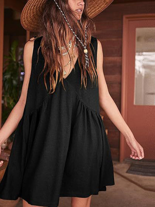 Blue Zone Planet | spaghetti strap skirt V-neck sleeveless pleated vest pocket dress BLUE ZONE PLANET
