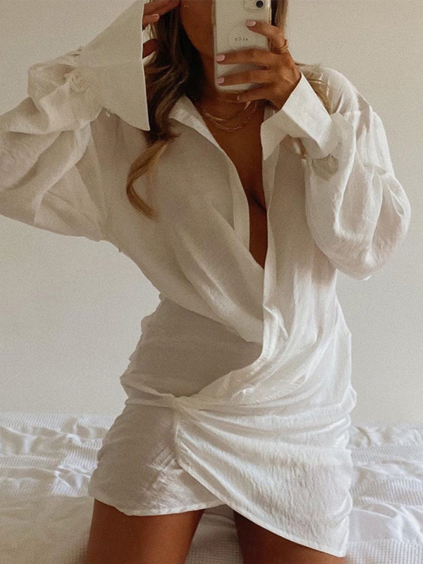 Blue Zone Planet | Long sleeve white shirt deep V dress BLUE ZONE PLANET