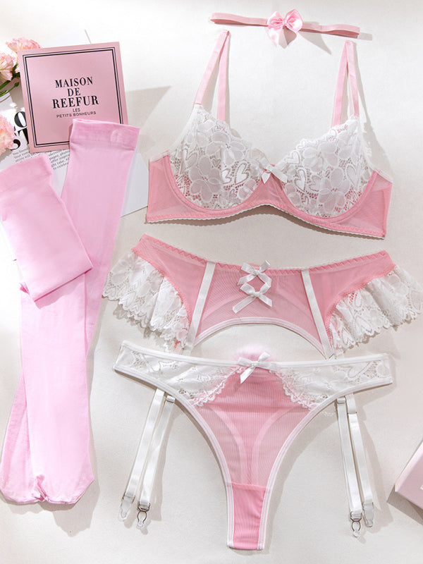 Blue Zone Planet | bra set lace mesh splicing nurse outfit lingerie five-piece set BLUE ZONE PLANET