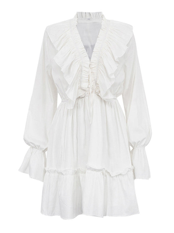 Blue Zone Planet | deep V-neck design smocked trumpet sleeves ruffled white waist dress BLUE ZONE PLANET