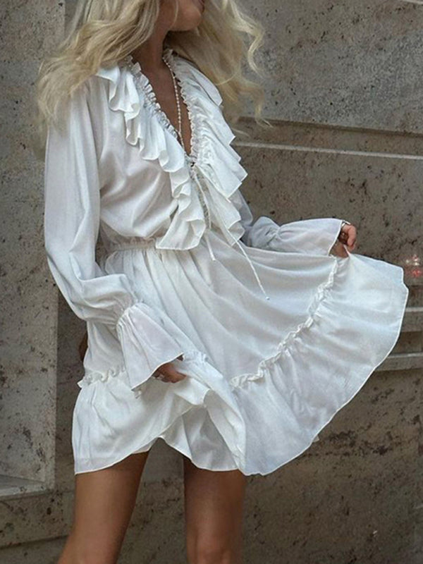 Blue Zone Planet | deep V-neck design smocked trumpet sleeves ruffled white waist dress BLUE ZONE PLANET