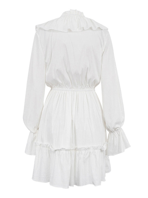 Blue Zone Planet | deep V-neck design smocked trumpet sleeves ruffled white waist dress BLUE ZONE PLANET