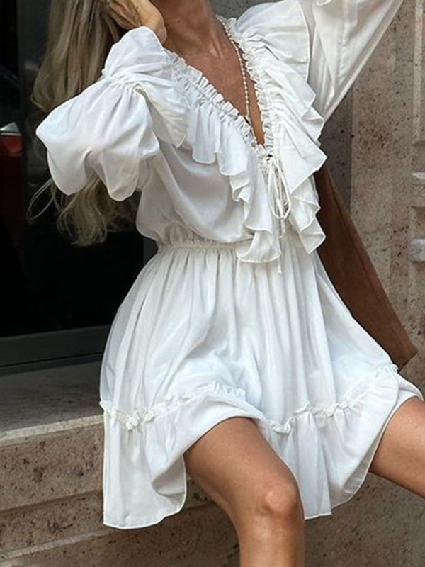 Blue Zone Planet | deep V-neck design smocked trumpet sleeves ruffled white waist dress BLUE ZONE PLANET
