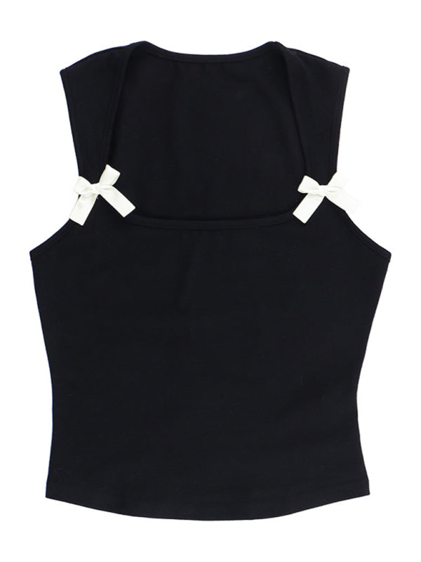 Blue Zone Planet | Bow Charm Square-Cut Decorative Crop Top BLUE ZONE PLANET