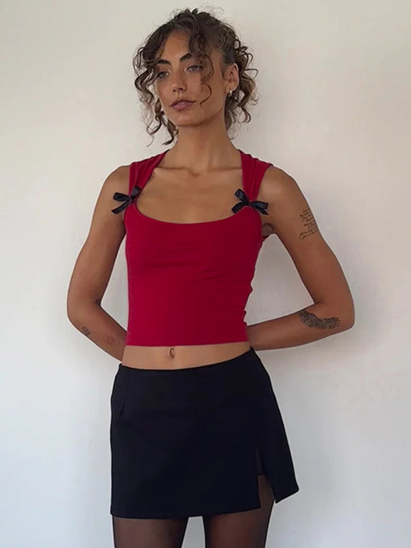Blue Zone Planet | Bow Charm Square-Cut Decorative Crop Top BLUE ZONE PLANET