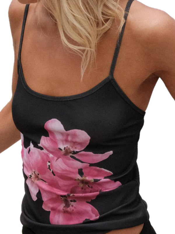 Blue Zone Planet | Tessa's Floral Print Backless Spaghetti Strap Slim Crop Top BLUE ZONE PLANET