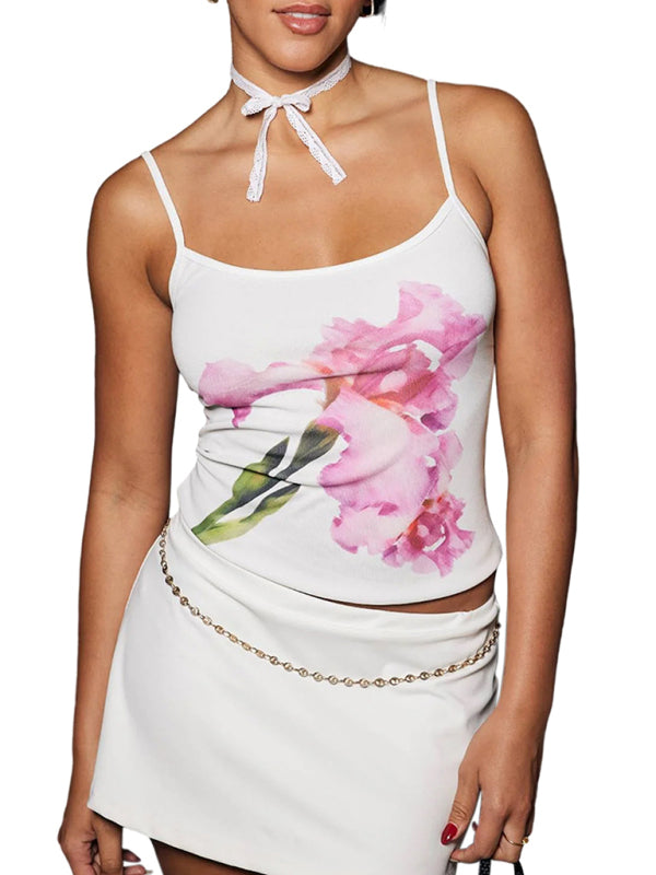 Blue Zone Planet | Tessa's Floral Print Backless Spaghetti Strap Slim Crop Top BLUE ZONE PLANET
