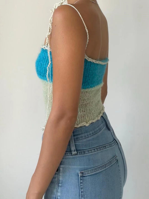 Blue Zone Planet | Anna's slim fit color block spaghetti strap pearl button crop top BLUE ZONE PLANET