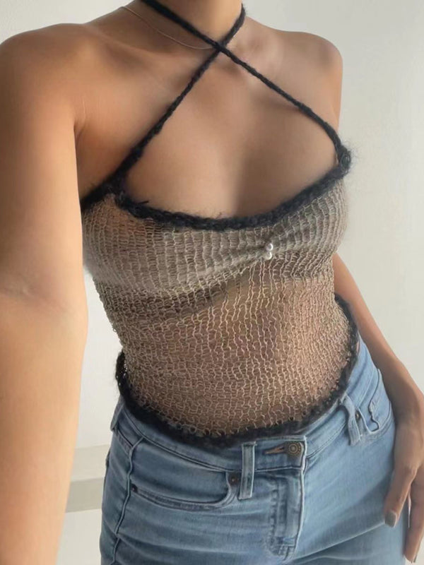 Blue Zone Planet | Anna's slim fit color block spaghetti strap pearl button crop top BLUE ZONE PLANET