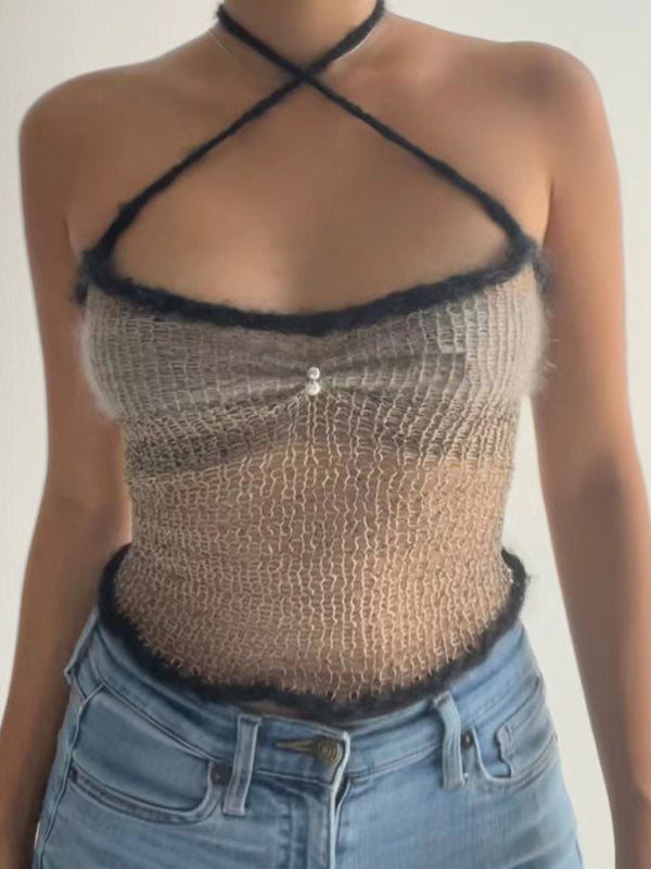 Blue Zone Planet | Anna's slim fit color block spaghetti strap pearl button crop top BLUE ZONE PLANET