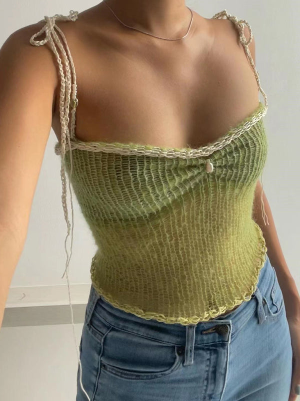 Blue Zone Planet | Anna's slim fit color block spaghetti strap pearl button crop top BLUE ZONE PLANET