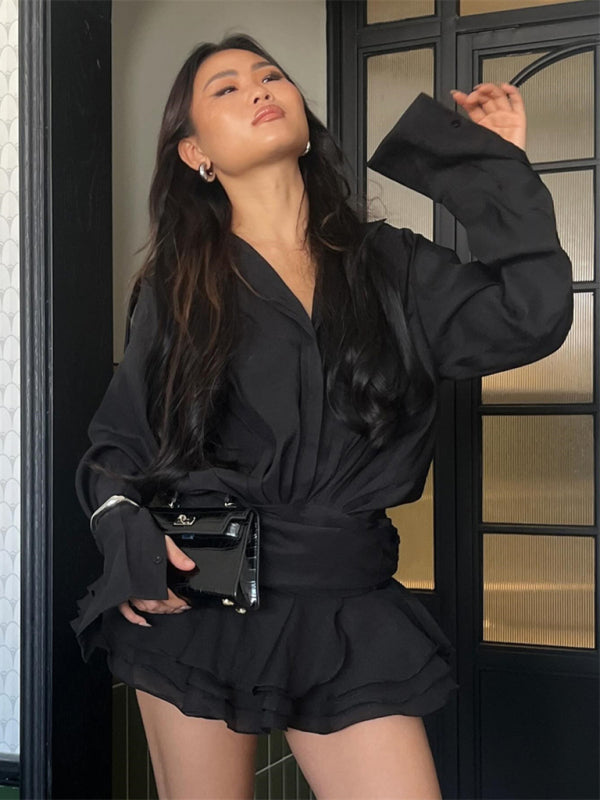 Blue Zone Planet | Linda's Ruffled White V-Neck 3D Flower Mini Shirt Dress BLUE ZONE PLANET